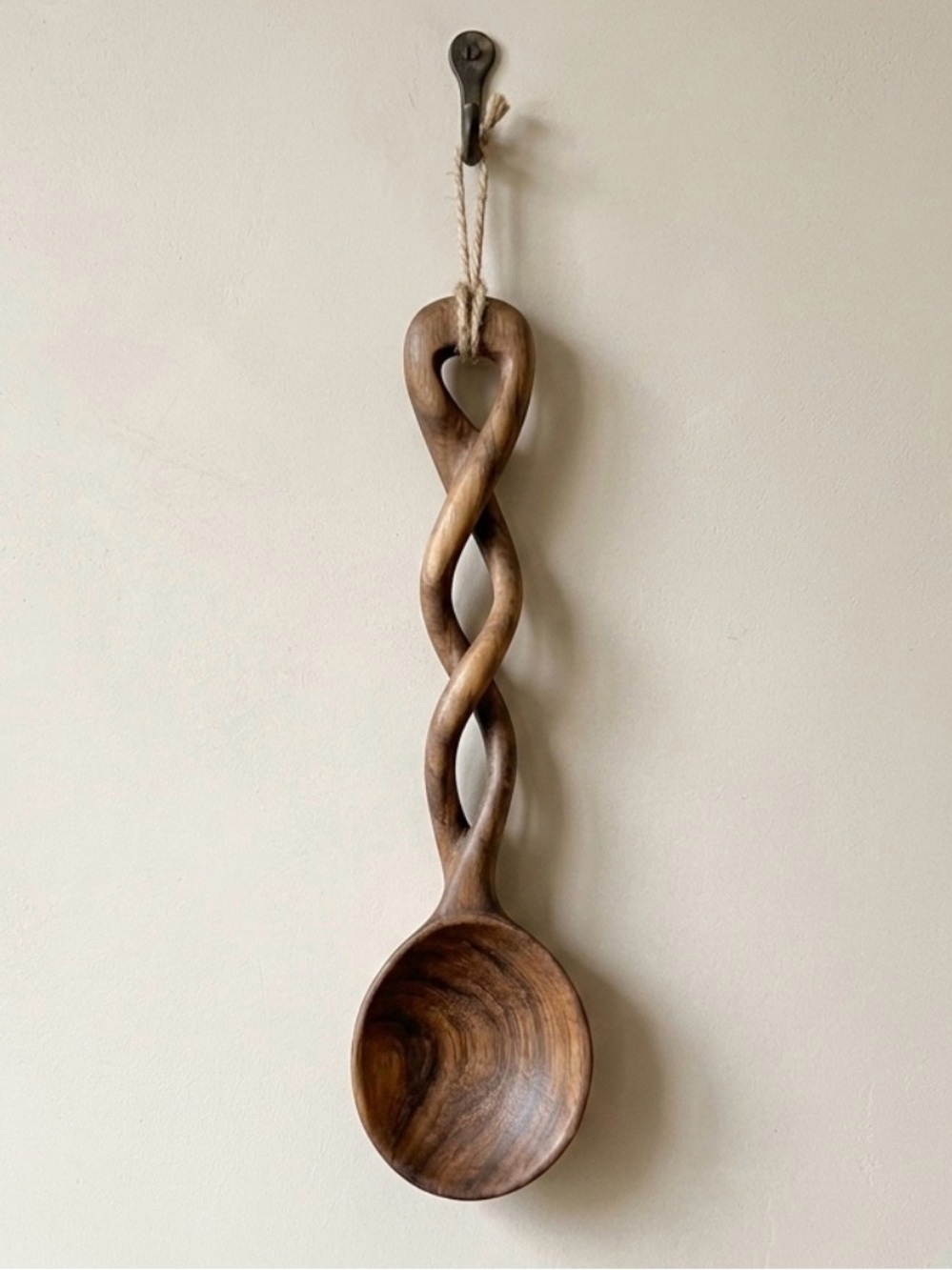 Vintage Hand Carved Wooden Spoon Wall Art Twisted Handle Cottagecore Folk Decor